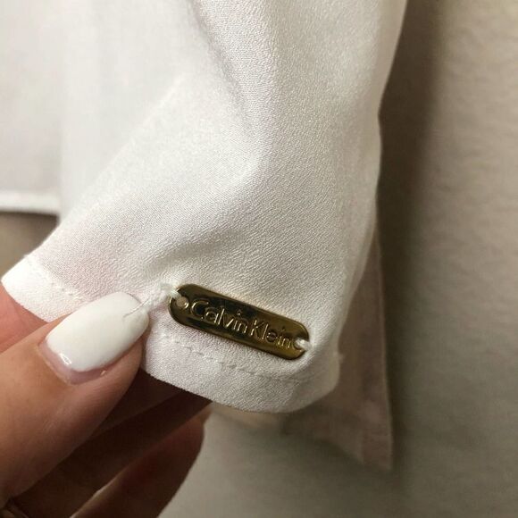 Calvin Klein Cream Tan Mixed-Media Blouse XL - Picture 5 of 9